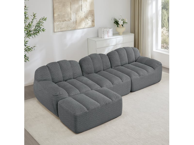 Canapé modulable 3 places en l avec pouf, tissu bouclette gris - Conforama D