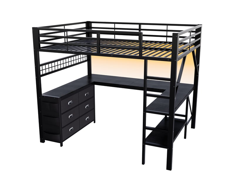 Lit mezzanine gaming 140x200 cm noir, avec bureau u, 6 tiroirs, rangements, led, structure métal, sommier inclus, sans matelas - Conforama E
