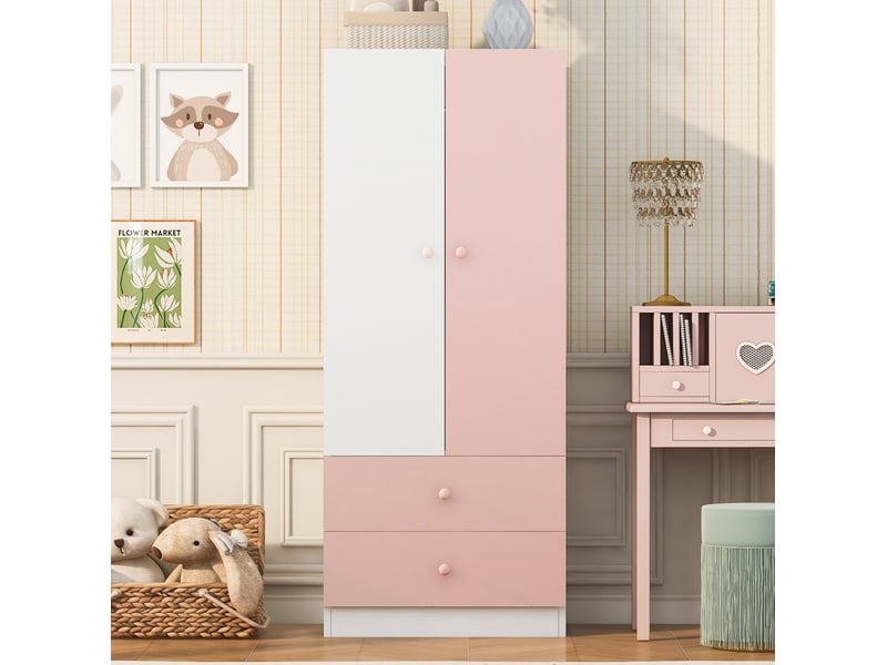  Armoire penderie enfant rose et blanche – 2 portes, 2 tiroirs – 70 x 40 x 170 cm  - Conforama C