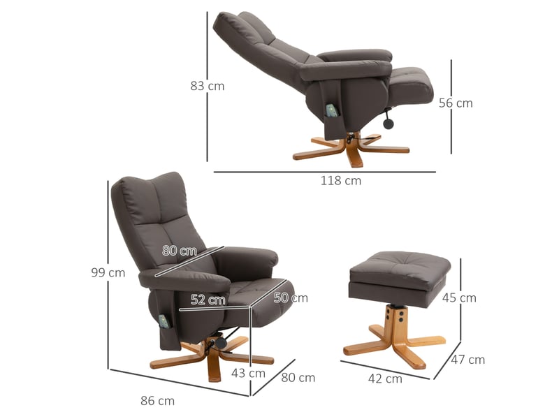  Fauteuil relax massant pivotant avec repose-pied, inclinable à 145° en simili cuir marron  - Conforama C