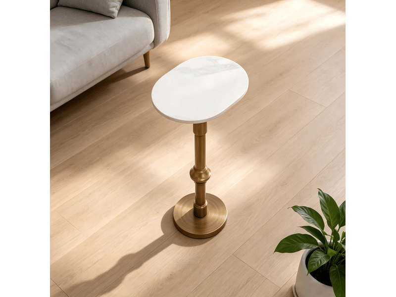  Table d’appoint plateau ovale réglable en hauteur 30x25x95 cm en métal couleur blanc, design simple  - Conforama B