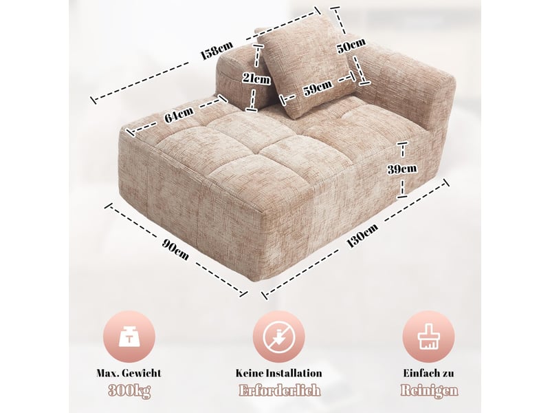 Canapé tissu en chenille douce avec coussin,canapé avec poches latérales,canapé modulable,design moderne kaki 158x90x60cm - Conforama A