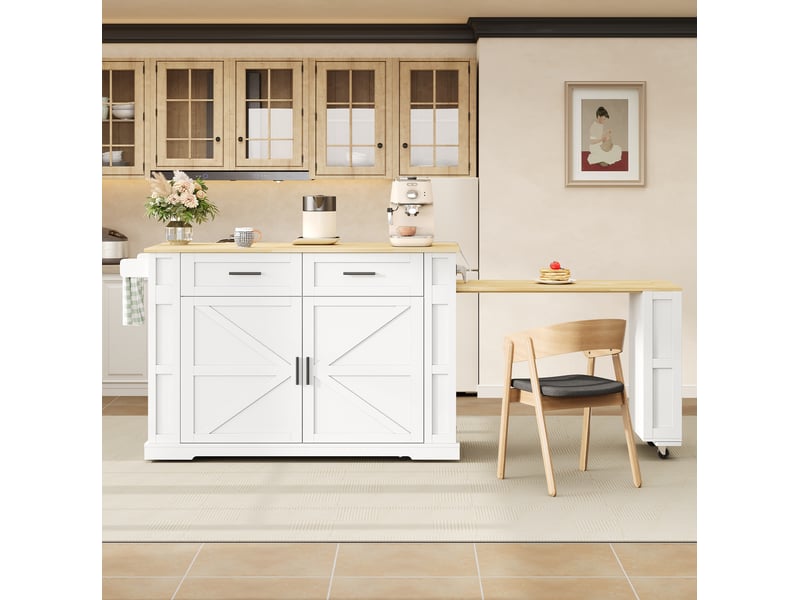  Desserte de cuisine avec plan extensible, 2 tiroirs, 2 portes, prises usb et roulettes, blanc naturel 130 × 50 × 93 cm  - Conforama D