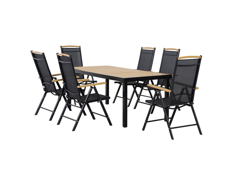  Salon de jardin extérieur 6 personnes, cadre en aluminium, table 190 cm, 6 chaises pliables et inclinables, noir  - Conforama B