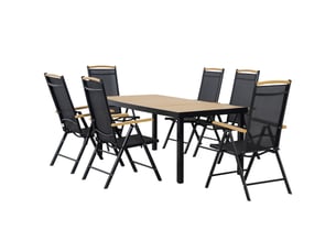 Salon de jardin extérieur 6 personnes, cadre en aluminium, table 190 cm, 6 chaises pliables et inclinables, noir