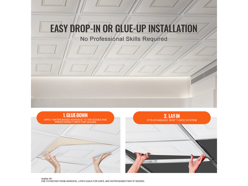  Vevor dalles plafond, lot 12, 24x24 po. Pvc, installation facile, blanc.  - Conforama E