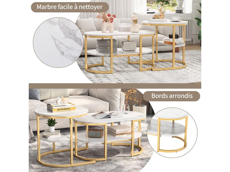  Lot de 2 tables basses - 80x46x41cm 52x52x51cm - table basse gigognes marbre oval et bout de canapé rond structure métal - doré  - Conforama D