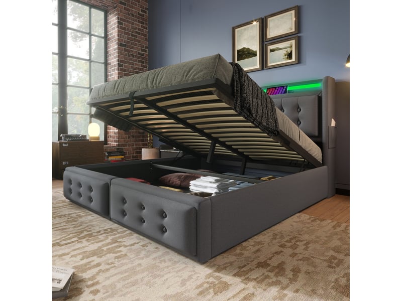 Lit coffre adulte 160x200 cm – gris – tête de lit led, ports usb-c et rangement hydraulique, sans matelas - Conforama B