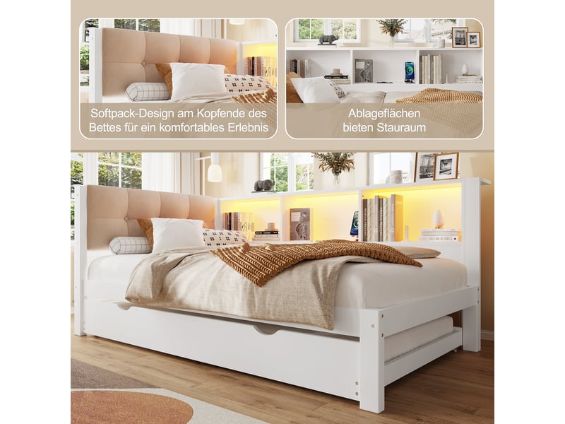  Lit banquette 90x200 pin massif blanc avec lit gigogne et éclairage led  - Conforama R