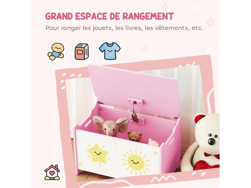  Coffre à jouets avec couvercle, coffre de rangement enfant avec charnières de sécurité, rose, 60 x 37 x 39 cm  - Conforama D