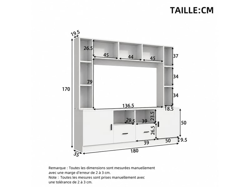  Meuble tv avec 2 portes, 2 tiroirs et 11 niches pour salon 180×35×170 cm en panneaux de particules blanc  - Conforama E