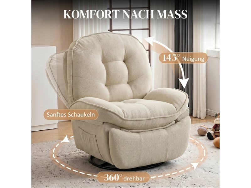 Fauteuil relax inclinable, longueur dépliée 162 cm, pivotant 360° et basculant, revêtement en chenille - Conforama R