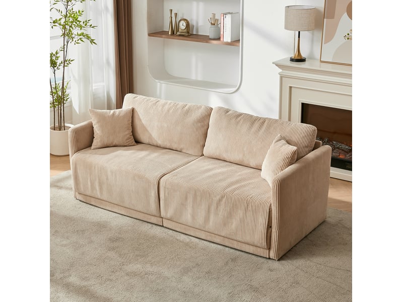  Canapé convertible 2 places à couchage occasionnel avec coussins en velours côtelé beige, 202 × 84 × 62 cm  - Conforama E