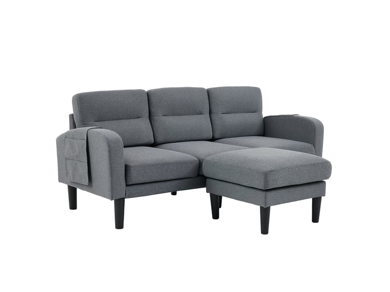 Canapé d'angle réversible 3 places en tissu gris avec méridienne, poches latérales et coussins amovibles - Conforama A