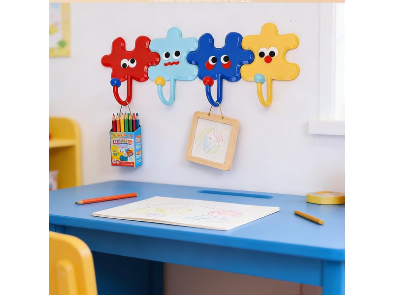  Lot de 4 crochets utilitaires en forme de puzzle multicolores auto-adhésifs solides pour salle de bain, chambre à coucher  - Conforama C