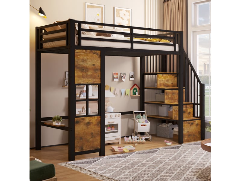  Lit mezzanine 90x200 cm avec escalier de rangement et espace de jeu en métal et mdf noir  - Conforama B