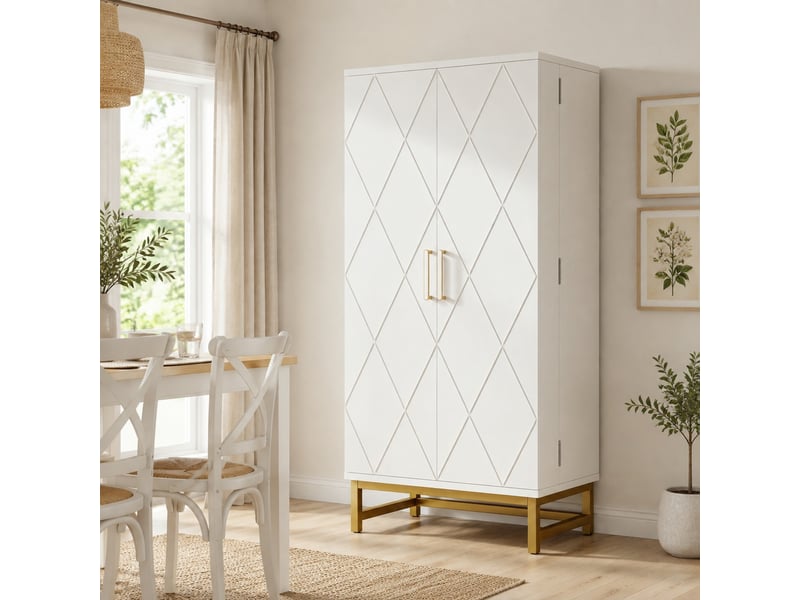  Buffet de cuisine avec étagères réglables et rangements de porte pour petits espaces, blanc et doré, 60 × 40 × 130 cm  - Conforama D