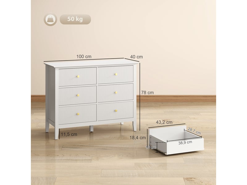  Commodebuffet à 6 tiroirs, meuble de rangement moderne pour salon, chambre, entrée, 100 x 40 x 78 cm, blanc  - Conforama E