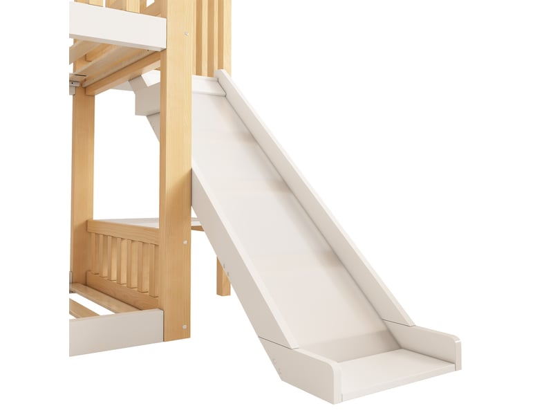 Lit superposé cabane 90x200 cm blanc et bois avec toit, toboggan et étagère Fay Lum - Conforama E