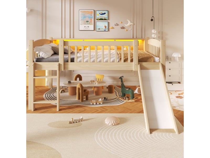  Lit mi-hauteur enfant 90x200 cm avec toboggan, 3 placards de rangement, led multicolores et usb, échelle, pin et mdf, naturel OMNIGLINT TRADING LTD - Conforama C