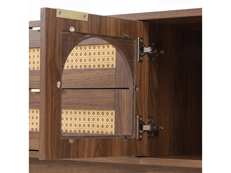  Meuble tv 180 cm avec led, 4 tiroirs en rotin, 2 portes cintrées en verre trempé, poignées métal, pieds en bois massif, noyer Sol Morn - Conforama E