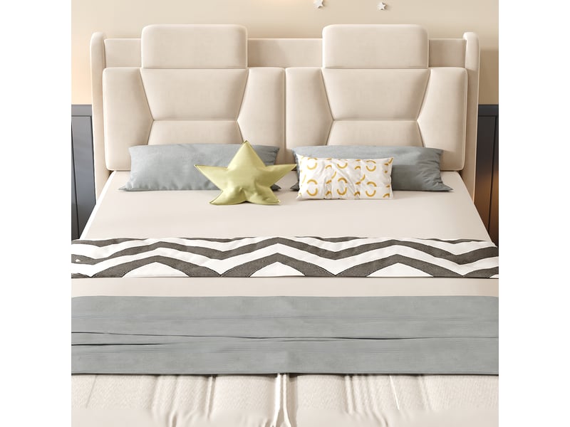  Lit rembourré pour enfants 140x200cm - lit en forme de voiture de course - hauteur de tête de lit réglable - avec éclairage led - tissu velours - beige (sans matelas)  - Conforama W