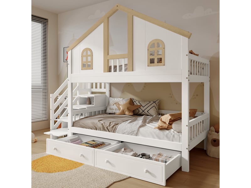  Lit superposé enfant 90×200 cm avec escalier de rangement et tiroirs - okmyhome- bois blanc et naturel, sans matelas  - Conforama B