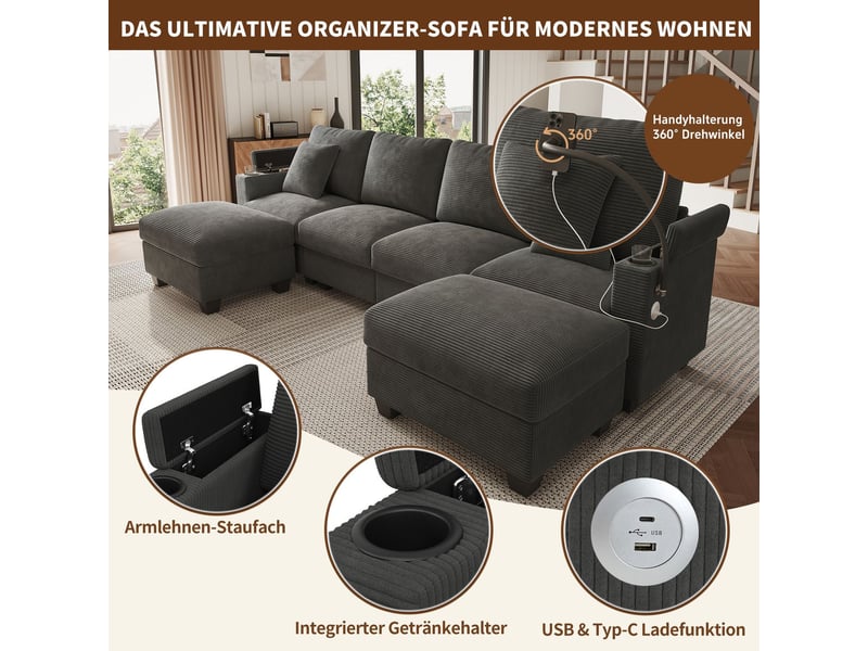 Canapé-lit forme en u canapé modulaire en velours côtelé fonction couchage porte-téléphone prise de recharge usb couchage d'appoint coloris gris - Conforama C
