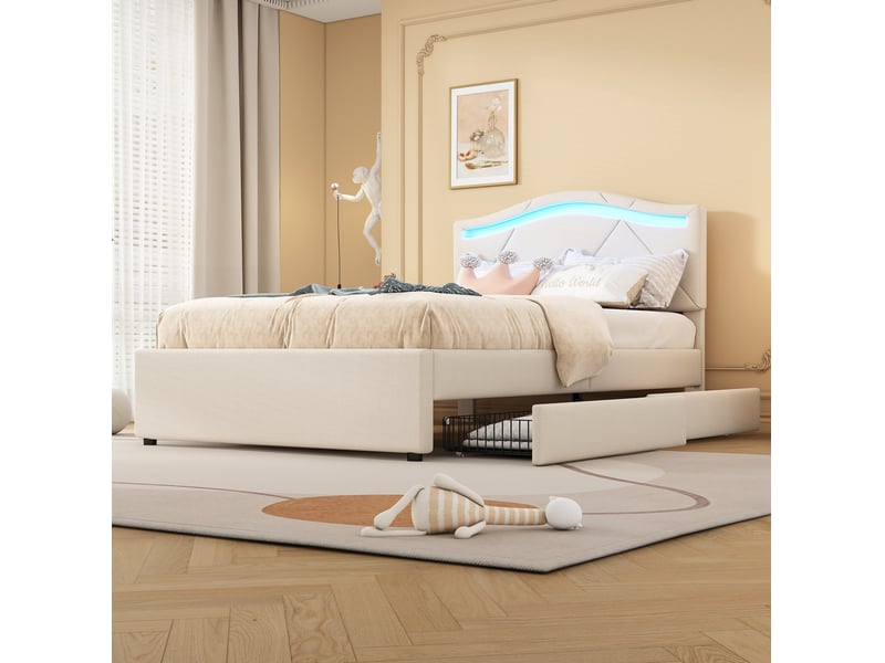  Lit avec rangement 90x200 cm en lin beige avec led, 2 tiroirs et tête de lit réglable  - Conforama D