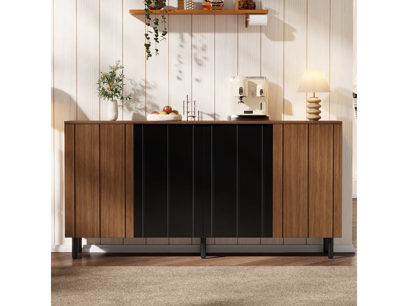  Buffet cuisine noyer et noir, 160x35x80 cm, 4 portes, rangement séparé  - Conforama B