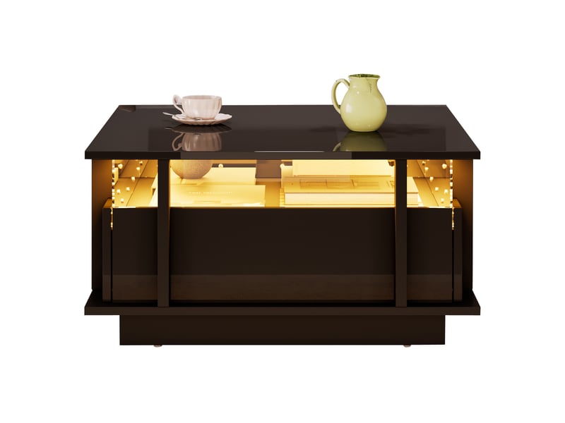  Table basse carrée 70x70x35 cm avec 2 tiroirs, led et séparateur acrylique transparent noir laqué brillant cravdom  - Conforama A