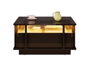 Table basse carrée 70x70x35 cm avec 2 tiroirs, led et séparateur acrylique transparent noir laqué brillant cravdom