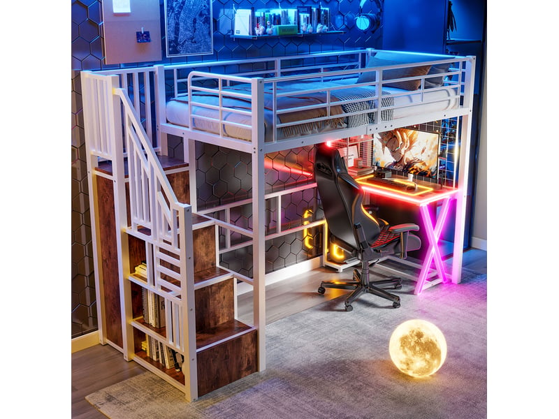  Lit mezzanine 90x200 cm avec bureau, armoire, étagères et éclairage led  - Conforama E