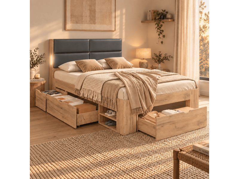  Lit enfant 140x200cm avec grand rangement, tiroirs, port usb et tête de lit rembourrée en pu, lit junior en bois, sans matelas, naturel evarich - Conforama E