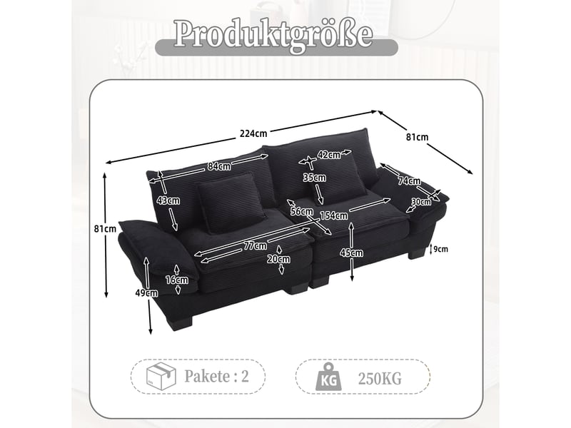  Canapé 2 places en velours noir 224x81x81 cm avec coussins inclus et accoudoirs rembourrés  - Conforama C