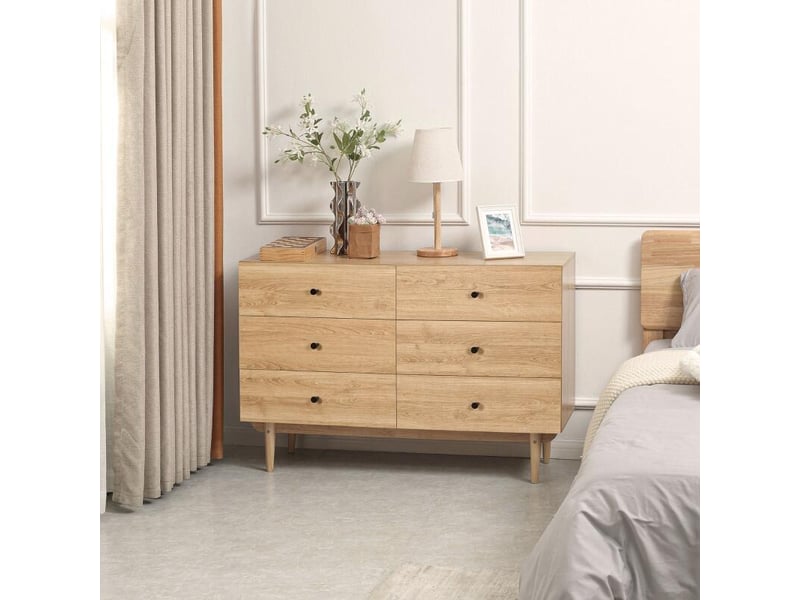  Commode 6 tiroirs meuble de rangement pieds en bois massif 120 x 40 x 80 cm couleur bois  - Conforama B