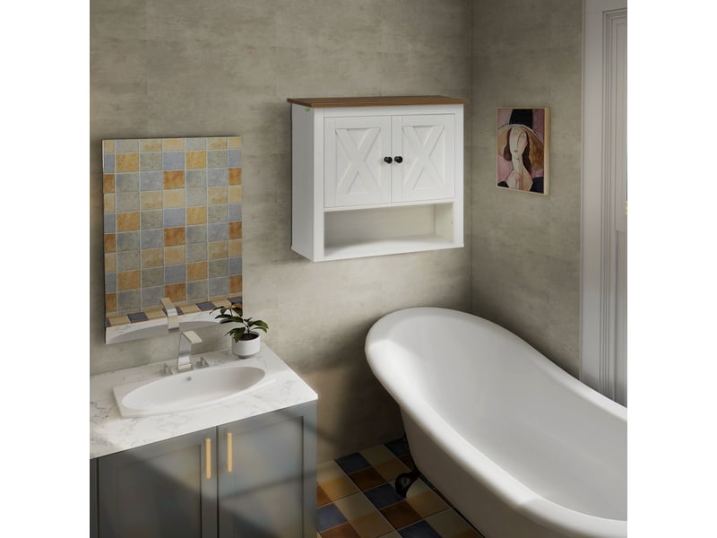  Armoire murale, armoire salle de bain avec placard à portess et compartiment ouvert, blanc, dim. 60 x 19,5 x 52,5 cm  - Conforama D