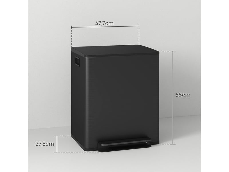  Poubelle à pédale ulevr 2 x 25 l pour tri des déchets, acier inoxydable 410 noir, couvercle soft-close, 47,7 x 37,5 x 55 cm  - Conforama C