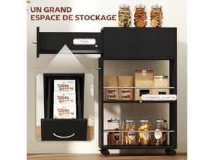 Chariot de cuisine desserte sur roulettes avec 1 tiroir et 2 étagères ouvertes pour salle à manger noir 25 x 50 x 85 cm