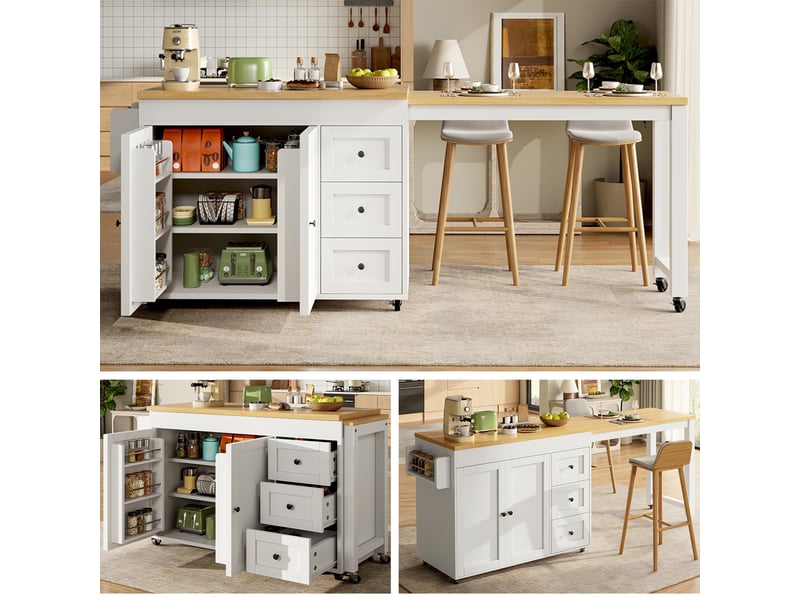  Îlot de cuisine extensible 116-179,5 cm avec espace de rangement, 3 tiroirs, placard à portes, étagères latérales, plan de travail rabattable et roulettes - blanc  - Conforama B