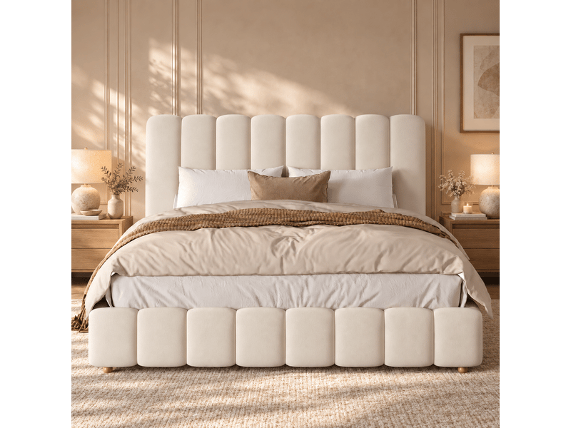  Lit double rembourré 200x200 cm en velours avec tête de lit, sommier à lattes et pieds en bois massif - beige Morn Vibe - Conforama D