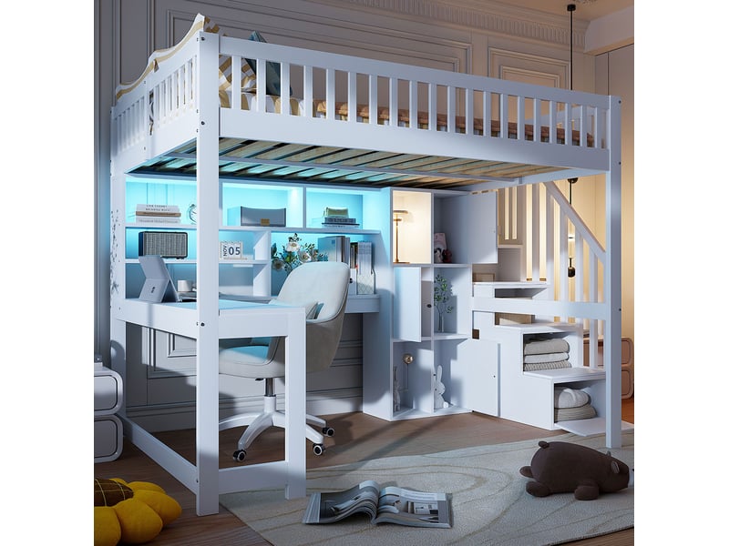  Lit mezzanine 140x200 cm avec bureau, rangements et led blanc  - Conforama B