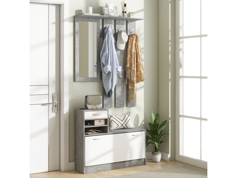  Ensemble de meubles d'entrée avec porte-manteau à 6 crochets, étagère à chaussures avec tiroir et miroir, gris  - Conforama C