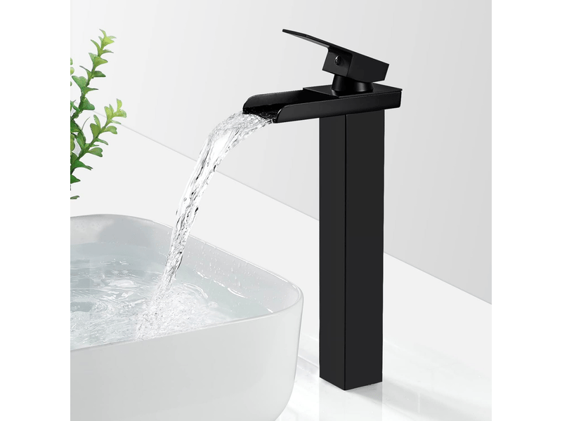  Robinet de salle de bain cascade chromé, robinet de lavabo avec bec surélevé, fonctionne de l'eau chaude et froide - noir  - Conforama A