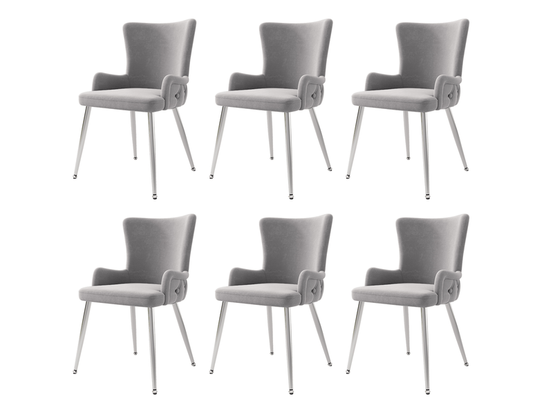  Chaise de salle à manger lot de 6 avec accoudoirs et dossier haut en velours gris avec pieds métalliques argentés  - Conforama A