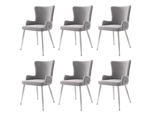 Chaise de salle à manger lot de 6 avec accoudoirs et dossier haut en velours gris avec pieds métalliques argentés