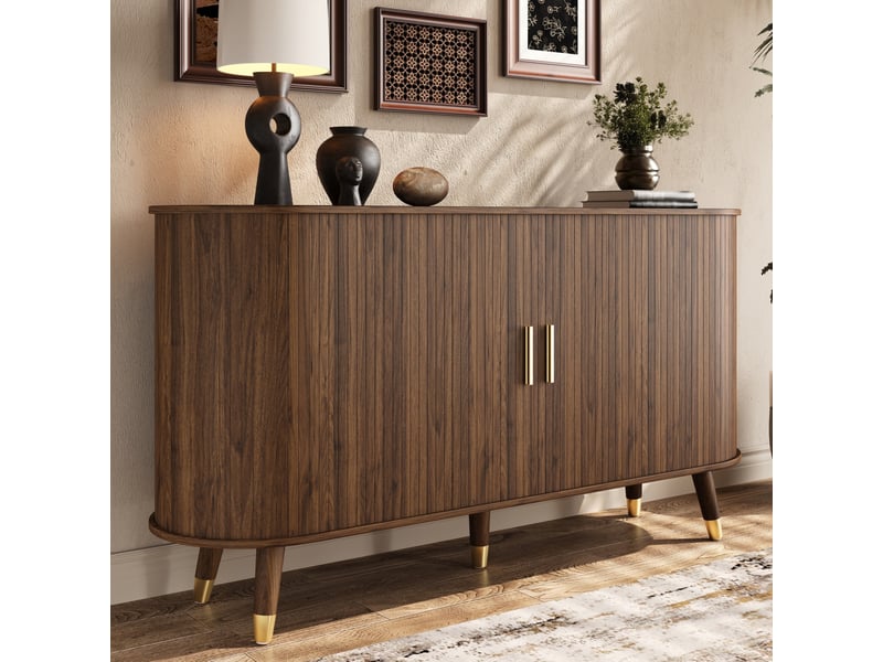 Buffet bas en mdf effet noyer – 2 portes coulissantes, 2 tiroirs et étagères – 140 cm - Conforama C