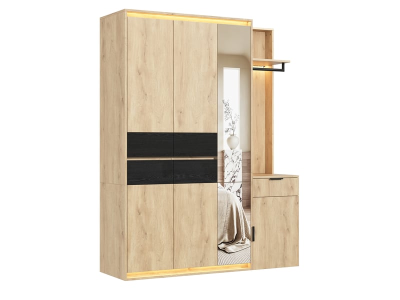  Armoire vestiaire 155x47x200 cm avec miroir et éclairage led, mdf, bois clair, meuble de rangement entrée et dressing  - Conforama A