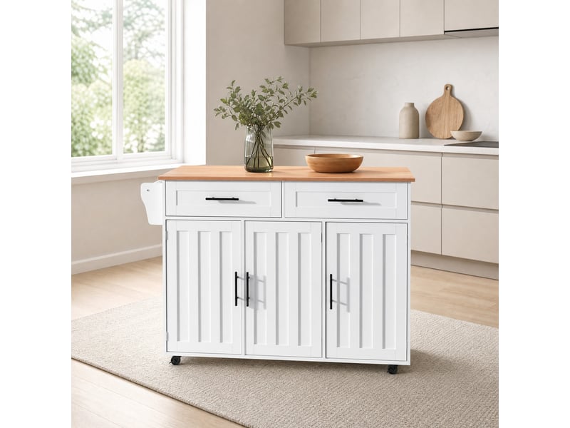 Desserte de cuisine 129 × 46 × 91,5 cm plan rabattable, 2 tiroirs et roulettes - lpospi - mdf blanc décor bois - Conforama C