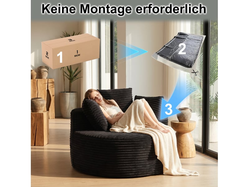  Fauteuil lounge rond avec 3 coussins, accoudoirs larges et base antidérapante, en velours côtelé noir  - Conforama E